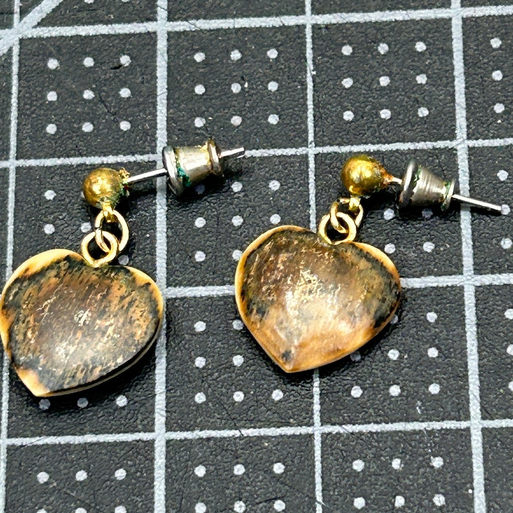Vintage Marbled Heart Drop Earrings Gold Tone Yellow Brown Tortoiseshell‎ Style